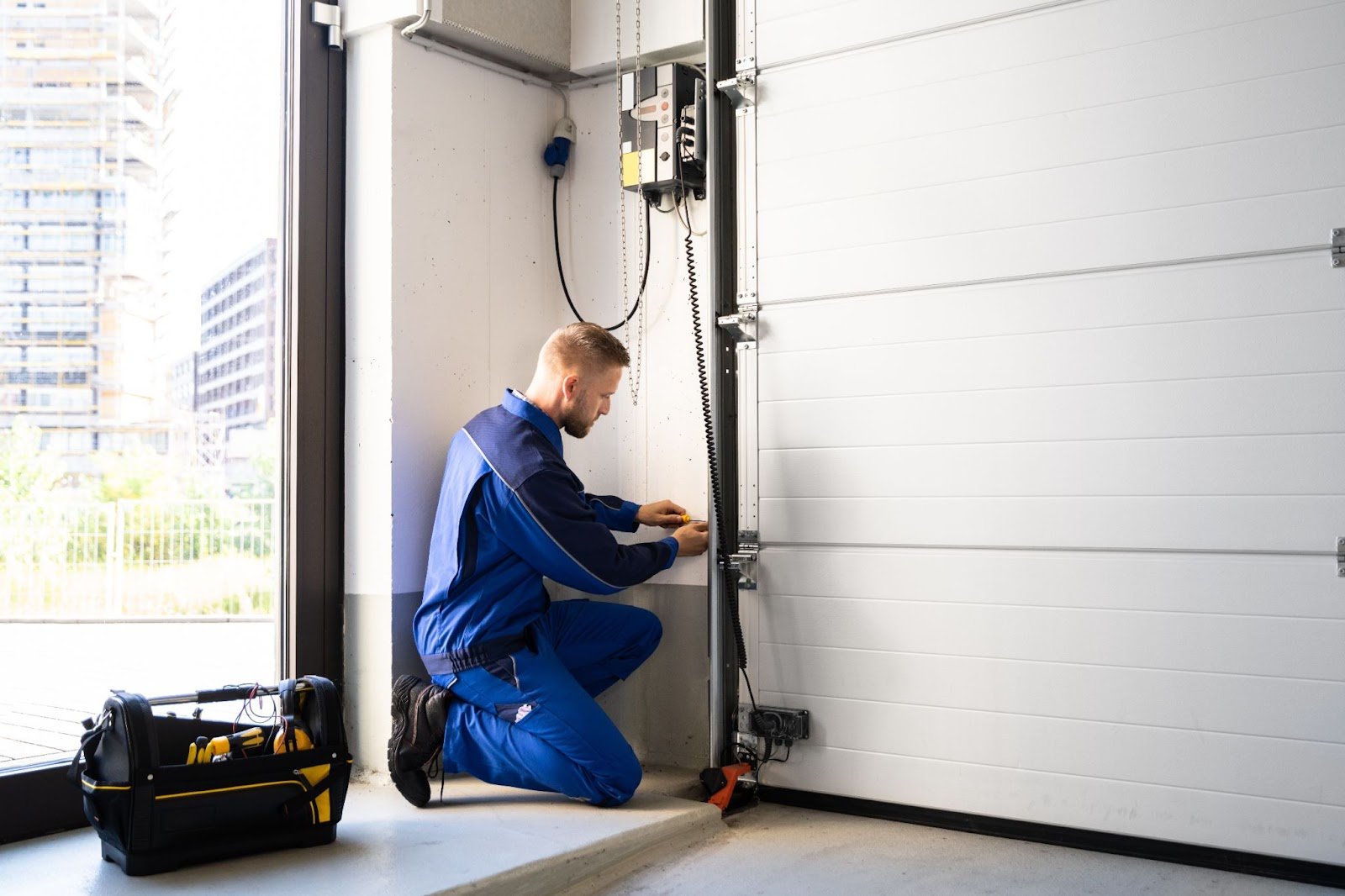 Technician repairing a garage door system