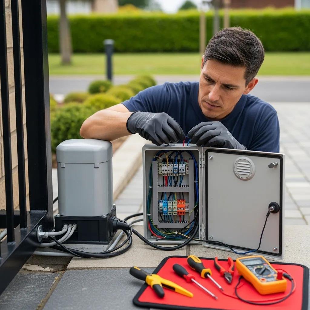 Technician inspecting an electric gate motor and control systems during repair