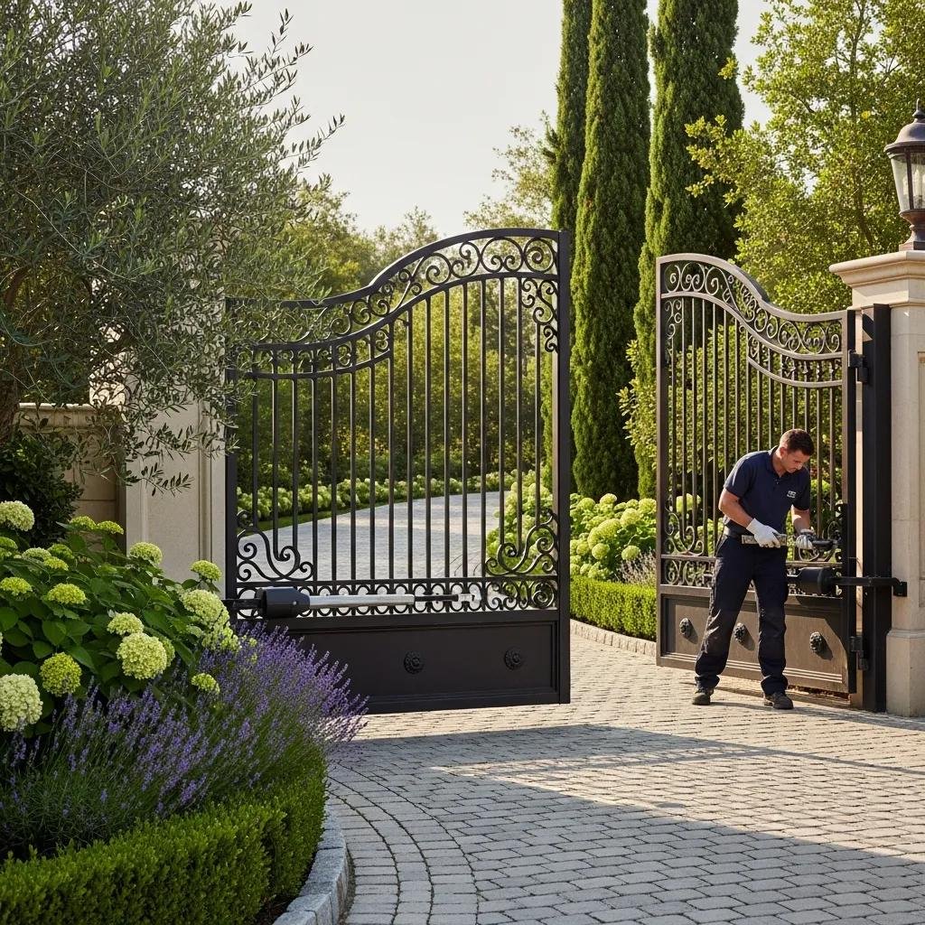 Technician performing maintenance on a driveway gate, ensuring smooth operation