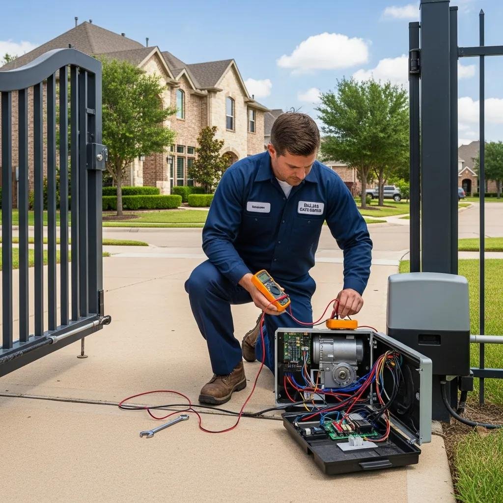 Technician repairing an automatic gate in Dallas, showcasing gate repair services